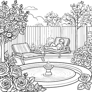 Malen im Traumgarten: Gartenliegen, Rosen und Wasserbrunnen
