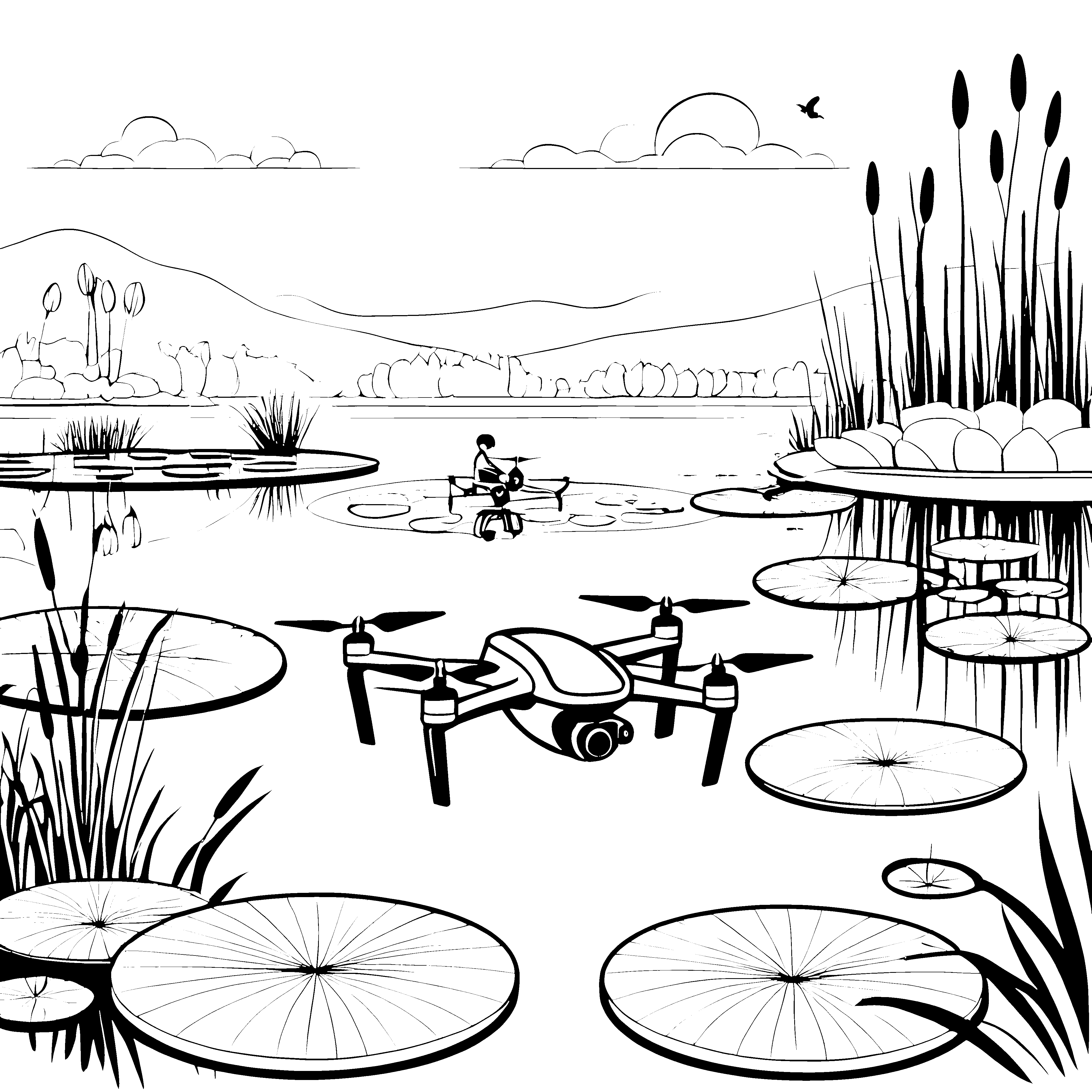 Drohnen über dem Teich: Ein Ausmalspaß mit Naturmotiven