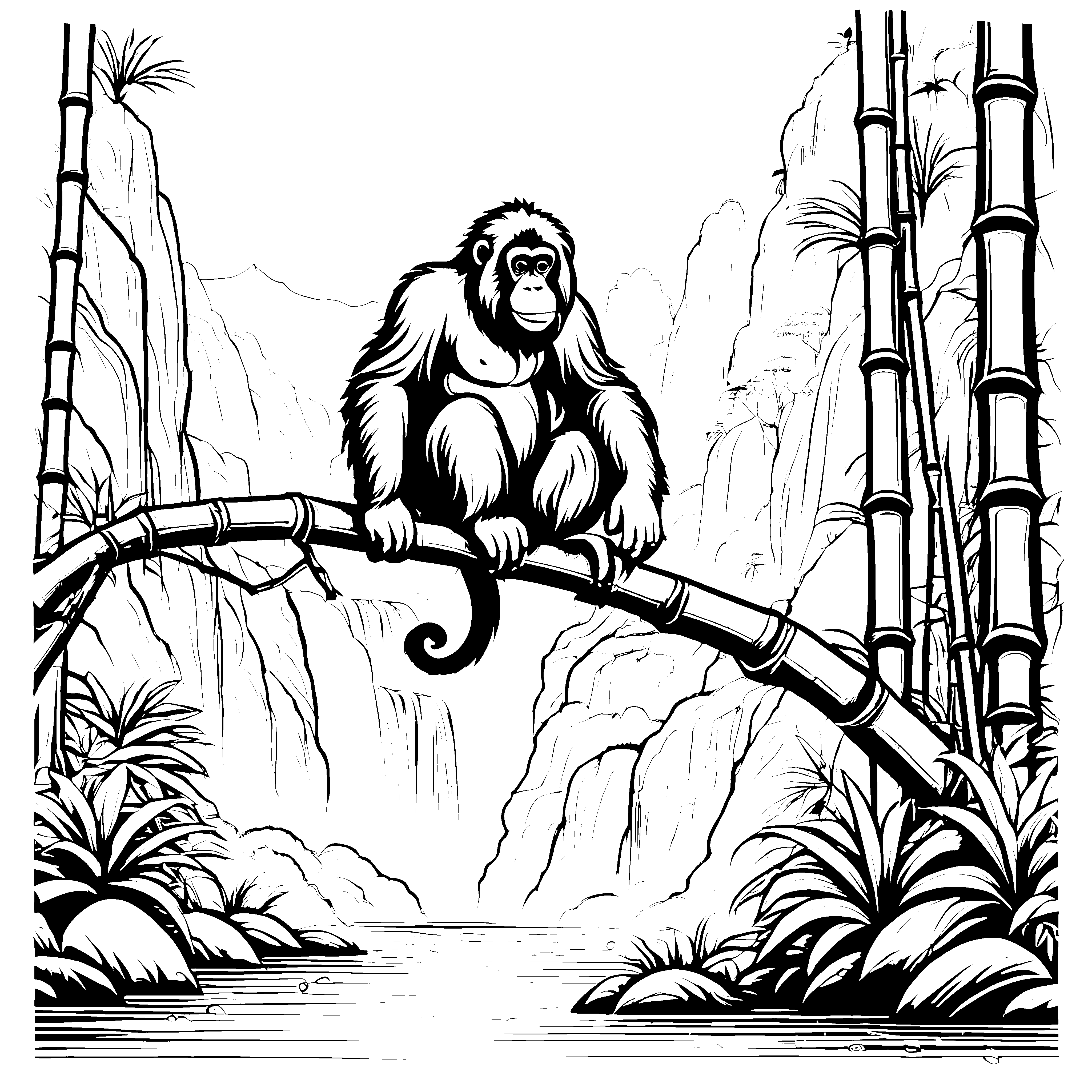 Orangutan im Dschungel: Ein Ausmalbild mit Bambus und Tropenfluss