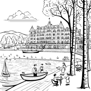 Prächtiges Hotel am Hafen: Ein Ausmalspaß mit Booten und Bäumen