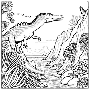 Furchtloser Spinosaurus am aufregenden Wasserlauf Ausmalvorlage für mutige Dino-Fans