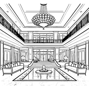 Die prächtige Hotellobby: Ein Ausmalspaß mit Kronleuchtern und Empfangsbereich