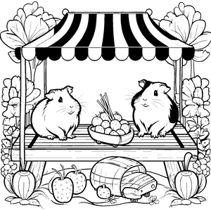 Meerschweinchen auf dem Markt mit Blumen und Gemüse zum Ausmalen