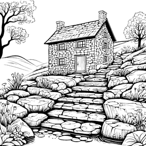 Idyllisches Landhaus mit malerischem Garten Malvorlage für kleine Naturentdecker