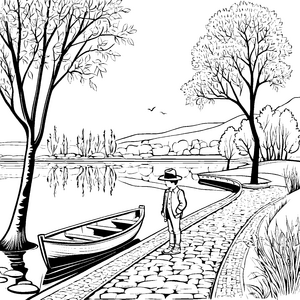 Herrenhut am Ufer des glitzernden Sees Ausmalbild für stilvolle Entdecker