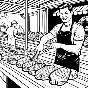 Der freundliche Metzger am Tresen mit Wurst und Fleischstücken