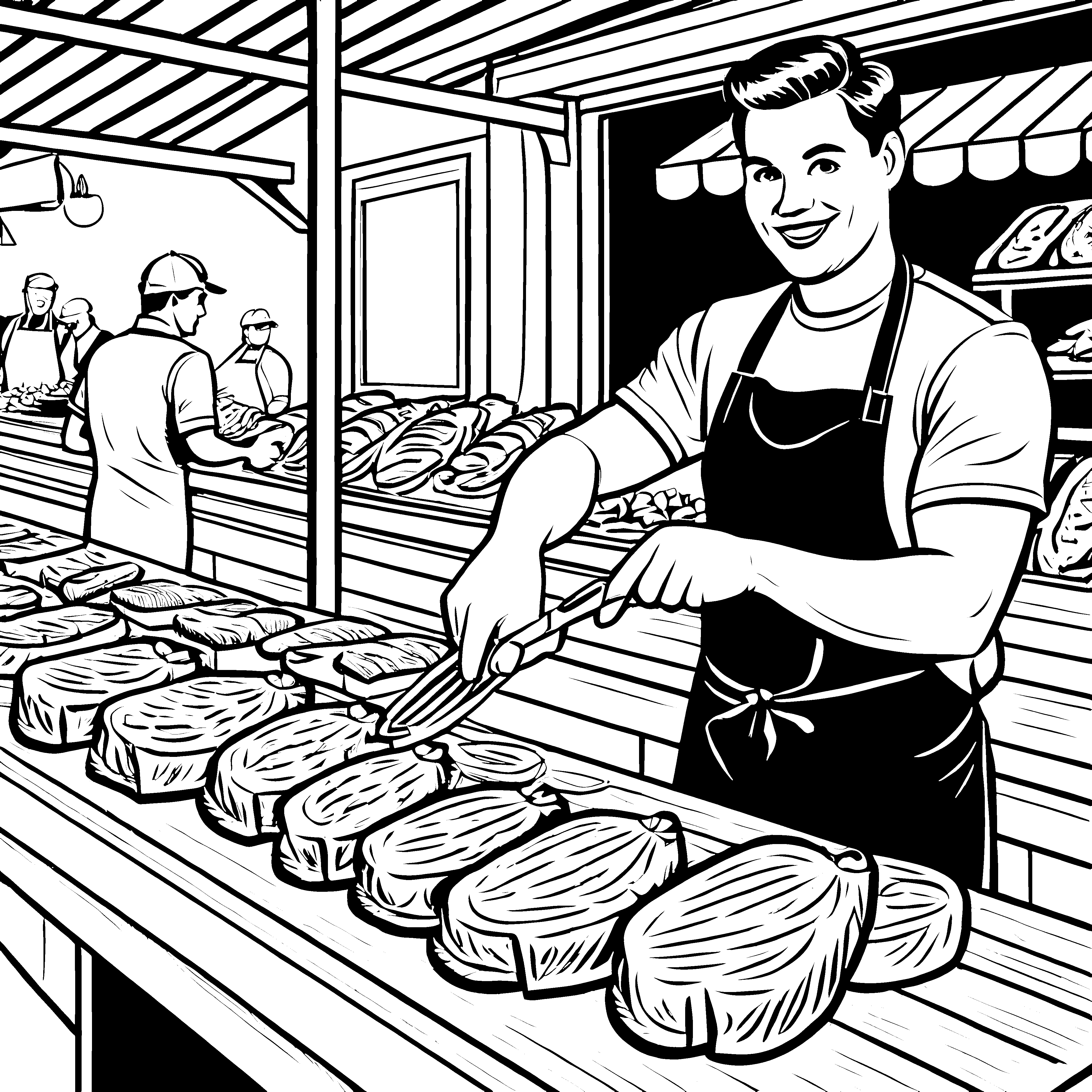 Der freundliche Metzger am Tresen mit Wurst und Fleischstücken