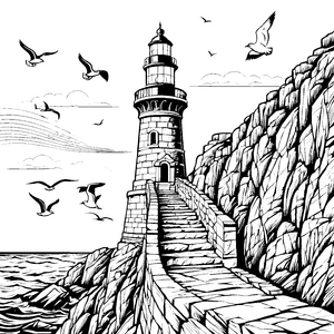 Der große Leuchtturm am felsigen Ufer mit Vögeln zum Ausmalen