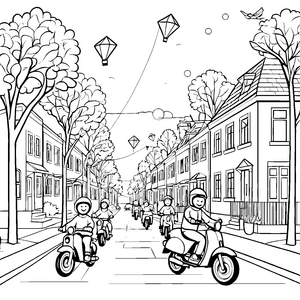 Mopeds in der Stadt: Ein bunter Tag mit Drachen und Freunden zum Ausmalen