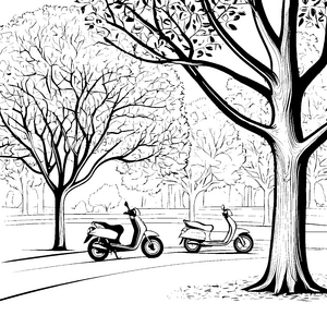 Mopeds im Park: Ein Ausmalspaß mit Bäumen und Straße