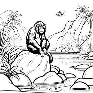 Orangutan im tropischen Wald bei Felsen und Palmen malend