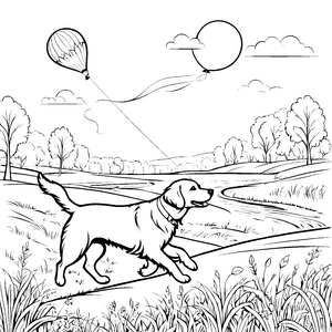 Verspielter Golden Retriever neben schwebenden Ballons Ausmalvorlage für fröhliche Abenteuerlustige
