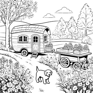 Rustikaler Wohnwagen im blühenden Garten Ausmalvorlage für fröhliche Entdecker