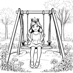 Prinzessin auf dem Schaukeln mit Tiara im Park zum Ausmalen
