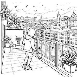 Entspannende Terrasse mit neugierigem Mädchen Ausmalbild für kleine Stadterkunder
