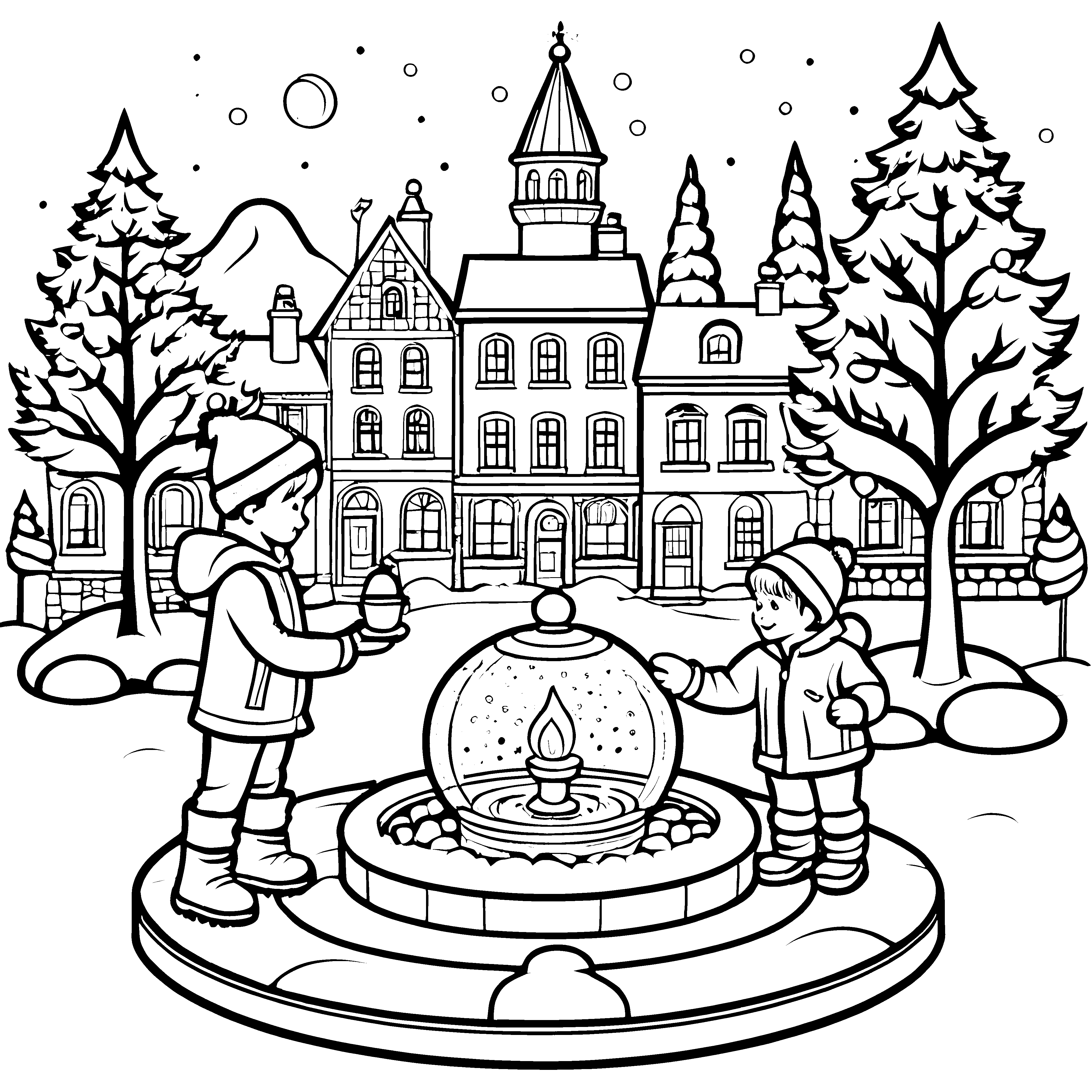 Schneekugeln am Dorfbrunnen: Ein winterliches Ausmalspiel für Kinder