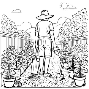 Der Gärtner und seine Schaufeln im Blumenbeet zum Ausmalen