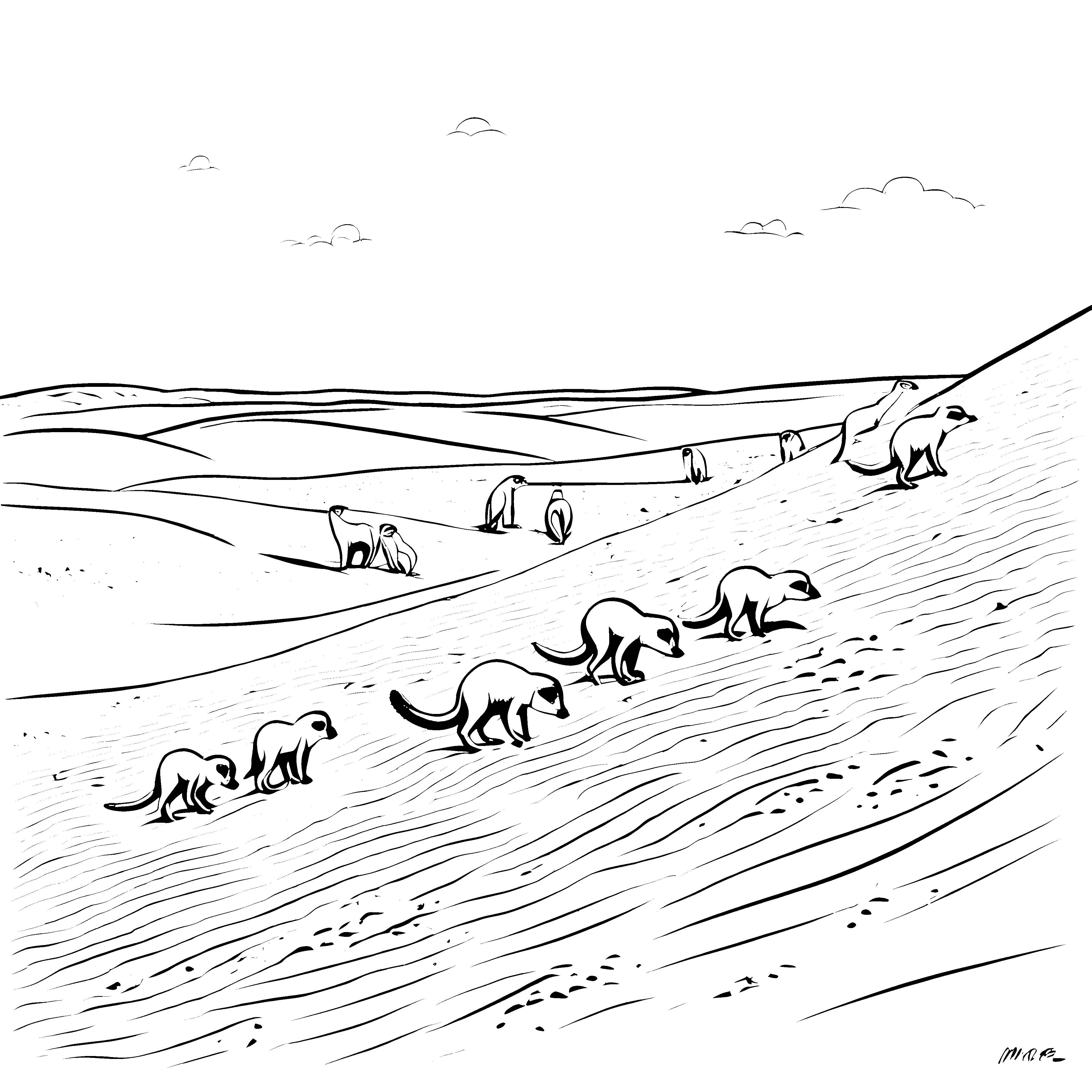 Erdmännchen auf abenteuerlicher Entdeckungstour Ausmalbild für mutige Tierliebhaber