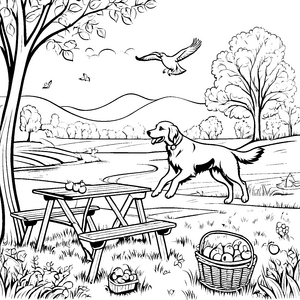 Spritziger Golden Retriever im fröhlichen Spiel Ausmalmotiv für abenteuerlustige Hundefreunde