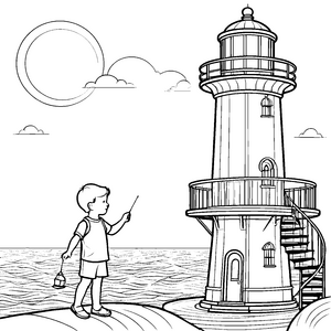 Der große Leuchtturm am Meer mit einem kleinen Jungen zum Ausmalen
