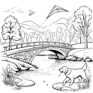 Fröhlicher Golden Retriever beim Spielen am Fluss Ausmalmotiv für kleine Abenteuerlustige