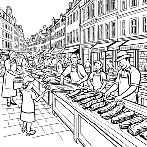 Der Metzgerladen in der Altstadt: Ein Ausmalbild mit Fleischereifachverkäufern