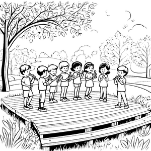 Kinder spielen Flöten auf der hölzernen Bühne im Wald