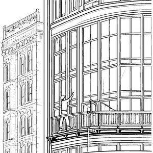 Der Fensterputzer an der hohen Fassade malt sich aus