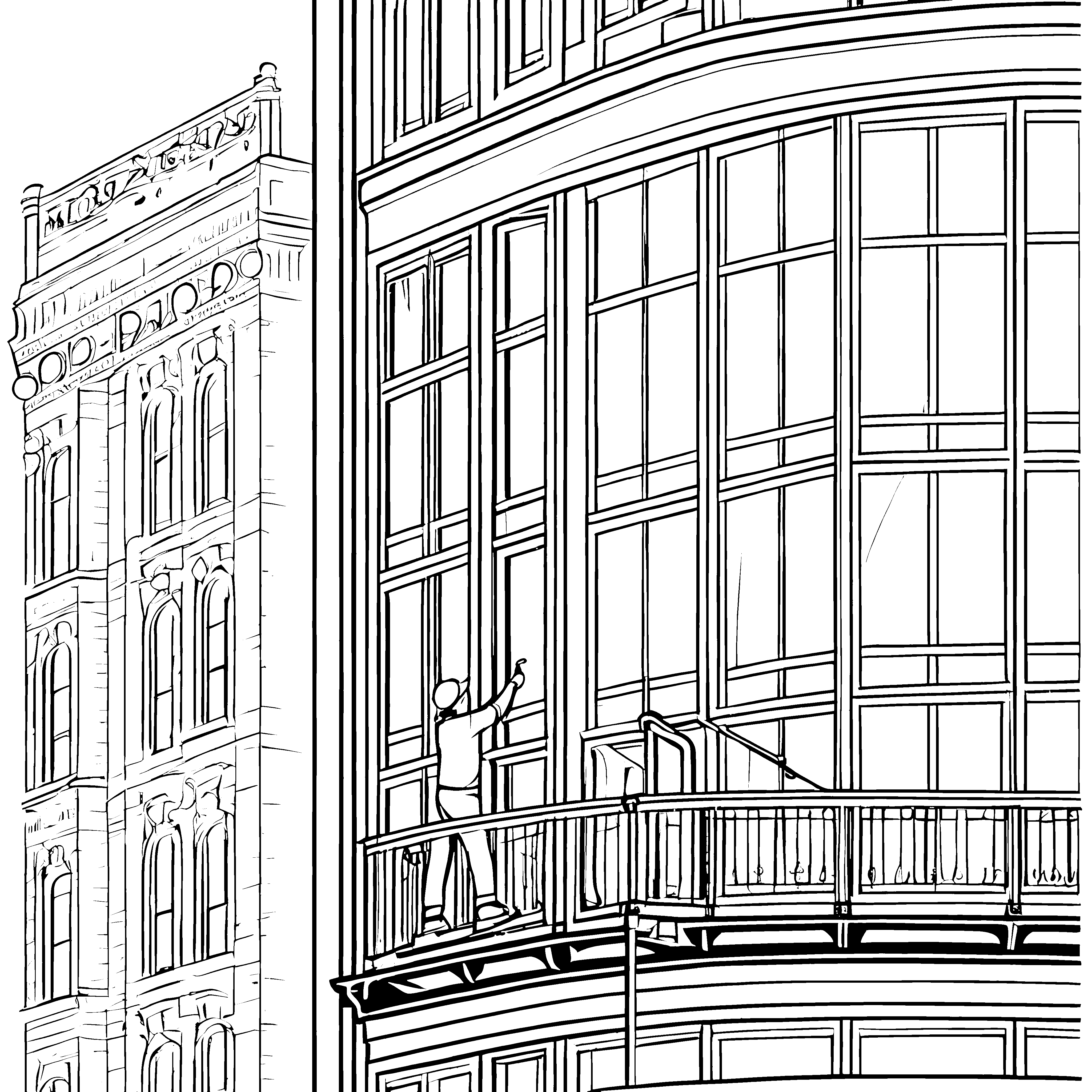 Der Fensterputzer an der hohen Fassade malt sich aus