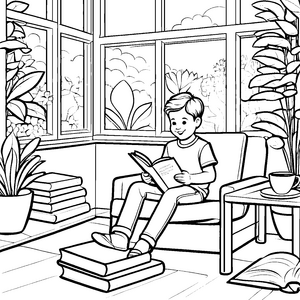 Gemütlicher Relaxsessel mit spannendem Buch Ausmalvorlage für träumende Leseratten