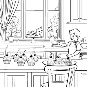 Cupcake-Party in der Küche: Ein Ausmalbild mit Katzen und Köchen