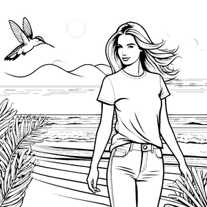 Strandtag mit Kolibri: Ein süßes Damen-T-Shirt Ausmalbild