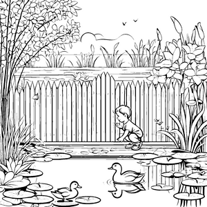 Zaunidylle am Teich mit Enten und Blumen zum Ausmalen