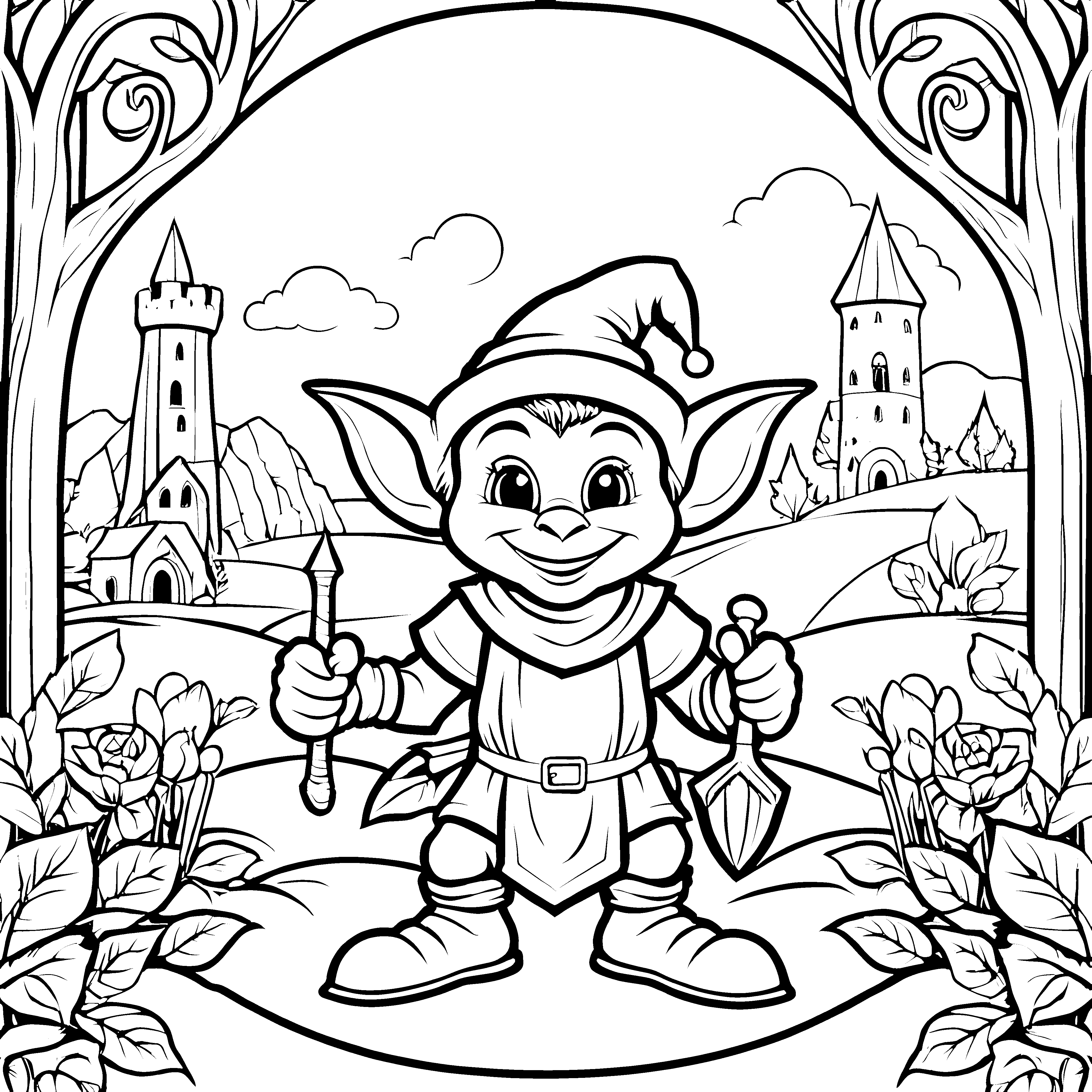 Der fleißige Goblin mit Hammer und Schaufel - Ausmalbild fuer kleine Entdecker
