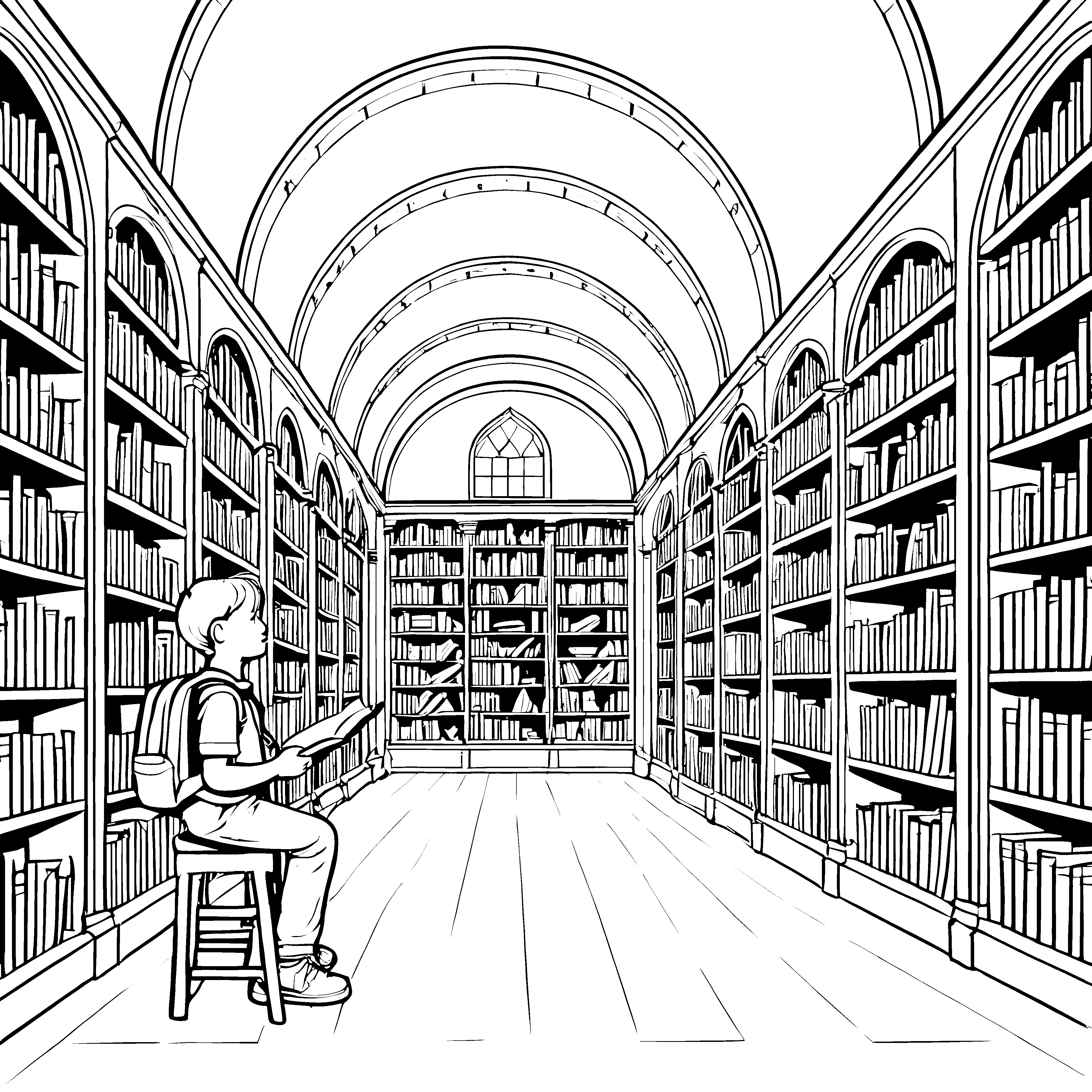 Der kleine Leser in der großen Bibliothek - Ausmalbild fuer kleine Entdecker