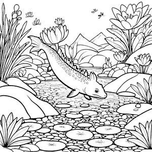 Axolotl im Gewässer mit Seerosenblättern zum Ausmalen