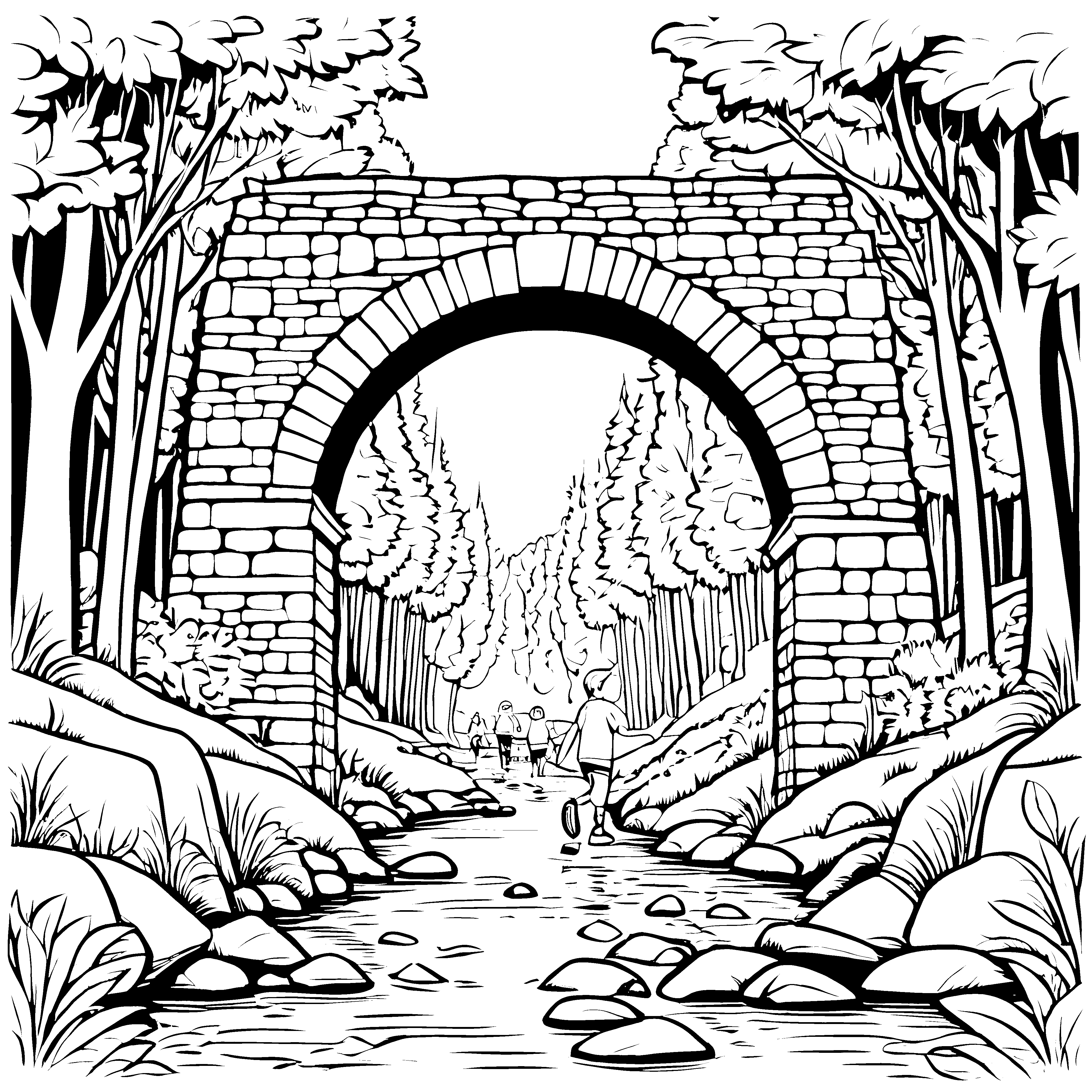 Das Abenteuer im steinernen Waldtunnel zum Ausmalen