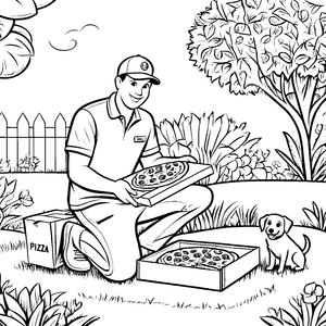 Der Pizzabote mit seinem Hund malen und ausmalen
