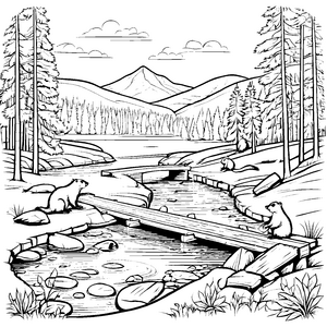 Biberbauten am Fluss: Ein Ausmalspaß im Wald