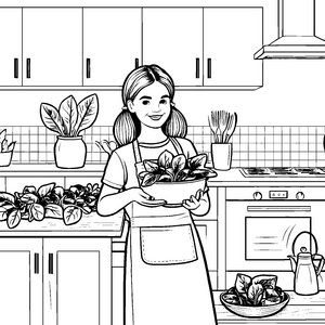 Spinatküche: Mama kocht mit frischem Spinat für Kinder zum Ausmalen