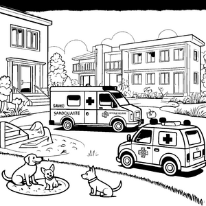 Rettungswagen vor dem Haus mit Hunden zum Ausmalspaß