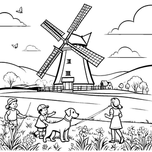 Kinder bei der Windmühle: Ein ländliches Ausmalspiel mit Hund