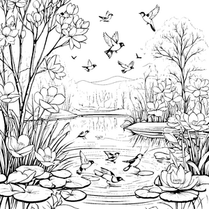Vögel am Teich zwischen Lilienblüten und blühenden Sträuchern malen