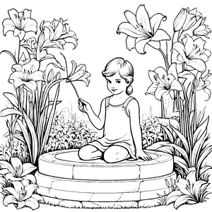 Ein Kind im Garten der großen Lilien – Ausmalbild fuer kleine Entdecker