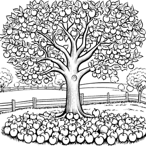 Der große Apfelbaum mit vielen Früchten auf der Wiese - Ausmalbild fuer kleine Entdecker