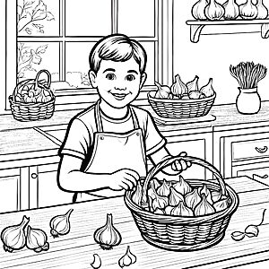 Der kleine Koch mit dem Korb voller Knoblauch - Ausmalbild fuer kleine Entdecker