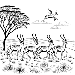 Gazellen im Sprung in der Savannenlandschaft zum Ausmalen