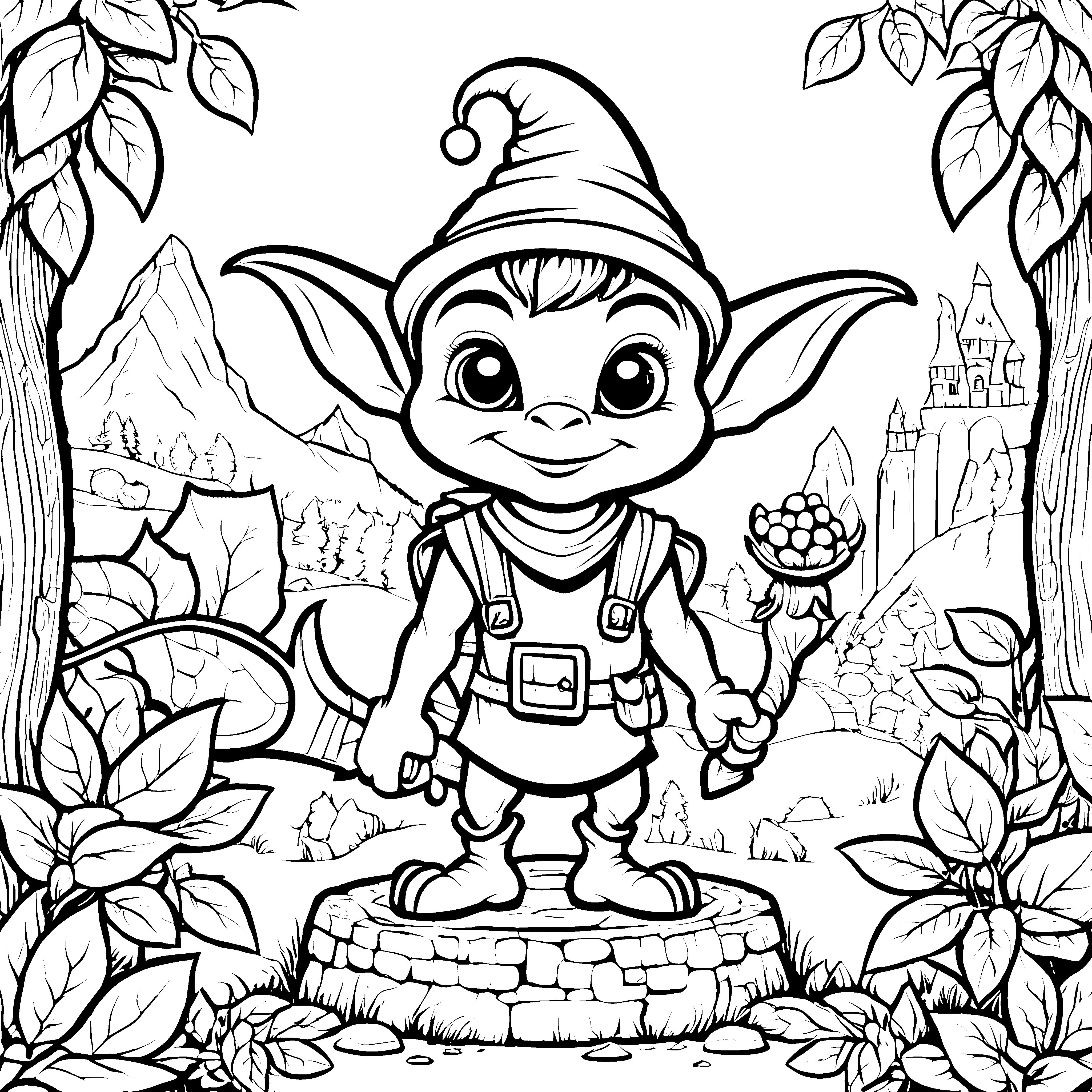 Der kleine Goblin mit dem Beerenstab im Wald - Ausmalbild fuer junge Abenteurer