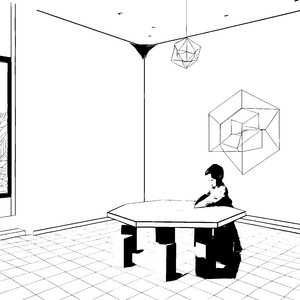 Malen am futuristischen Tisch in der geometrischen Welt