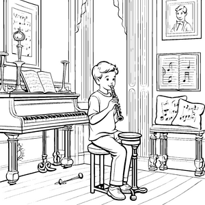 Der kleine Flötist im Musikzimmer Ausmalbild fuer kleine Entdecker
